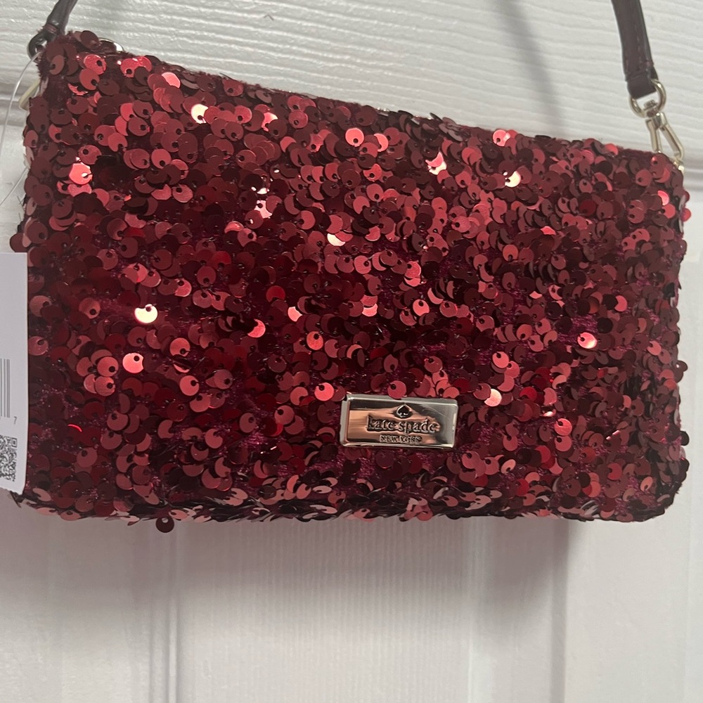 Kate Spade NY Kiki Sequin Fabric Convertible Bag Purse Wristlet Deep Berry New - Picture 3 of 16